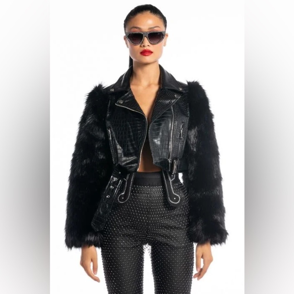 Brand New Azalea Wang Nola Faux Fur Sleeve Croc Moto Jacket Size Large
